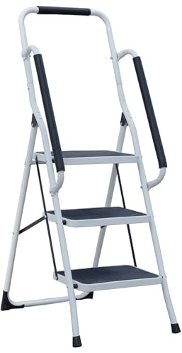 Gr8 Home Portable 3 Step Ladder Foldable Stool Non Slip Tread Heavy Duty Metal Steel Compact Folding Home DIY With Safety Grab Rail Banister Bar Handrail Support