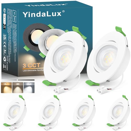 YindaLux 6x Foco empotrable LED 230V Regulable 5W 550LM 45° Orientable IP44 Spot de techo 2700K 4000K 6000K Spot LED Taladro 68mm Luz empotrada Plana GU10 Spots empotrable para Baño Salón, Blanco