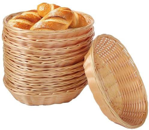 12PCS Plastic Oval Baskets,Wicker Woven Fruit Basket Rattan Food Storage Baskets Bulk, Bread Baskets for Serving,Lightweight Snack Storage Bins,Stackable Empty Baskets for Kitchens,Christmas Gifts