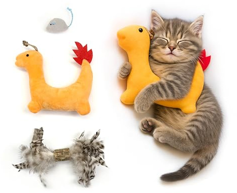 ZAYLUMO Katzenspielzeug 3er Set – Plüschspielzeug mit Katzenminze & Gallenfrucht, Silberwein-Stick mit Federn, Interaktives Kaustoff für Wohnungskatzen, Stressabbau & Bewegung