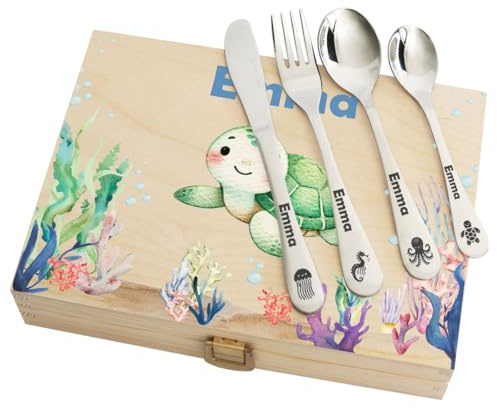 Couverts enfant personnalisés avec coffret imprimé - Motif Océan - Cadeau de naissance, cadeau anniversaire, cadeau baptême