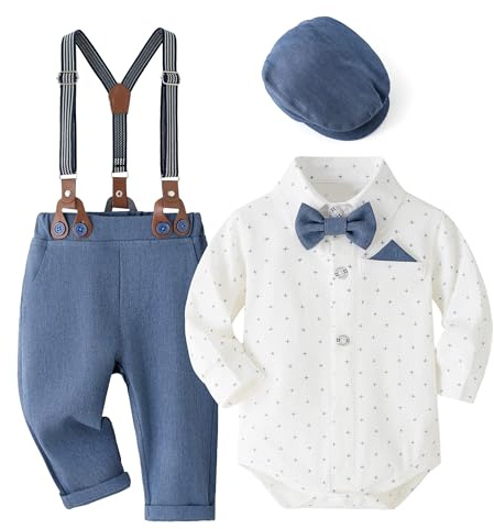 Volunboy Bebé Niño Caballero Conjunto, Cuadros Camisa con Pajarita + Tirantes Pantalones 4 Piezas Traje Ropa(Tamaño 73,9-12 meses,Cruz Azul