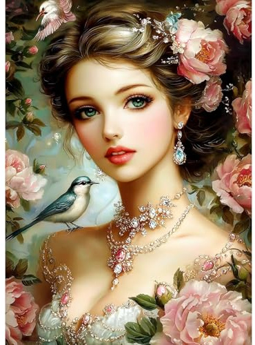 MAXBYE Diamond Painting Kit Adults, 5D Diamond Art Vintage Lady Gem Art Cross Stitch for Beginner, DIY Bird Flowers Round Full Drill Crystal Craft Gifts Home Wall Decor 30x40cm