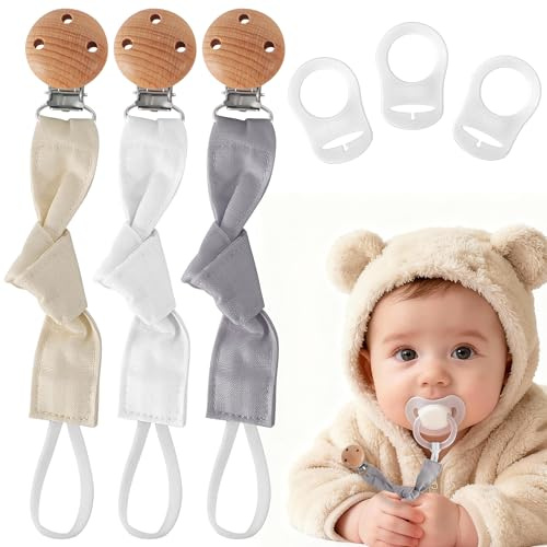EARLY MINDS 3er-Pack Schnullerkette Baumwolle, Schnullerketten Stoff, Baby Schnullerhalter mit Buchenholz Clip, Unisex Schnullerband für Mädchen und Jungen (Grauweiß Beige)