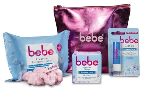 bebe ansiktsvård rutin set med närande rengöringsdukar, intensivvård, läppvård klassisk, snygg sminkväska & scrunchie