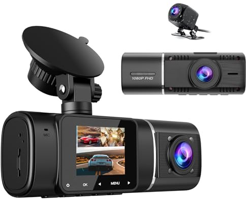 Volam Dash Cam Auto Fronte Retro Interno con Batteria, FHD 1080p Telecamera per Auto a 3 Canali con Dashcam Sensore G, Modalità Parcheggio, Visione Notturna IR, Grandangolo