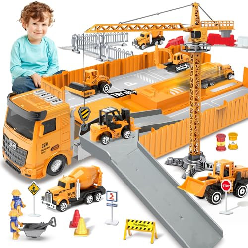 deAO Construction Truck Set with Cargo Truck with Bulldozer, Tractor, Forklift, Mixer, Excavator, Crane and Dumper- Great Gift