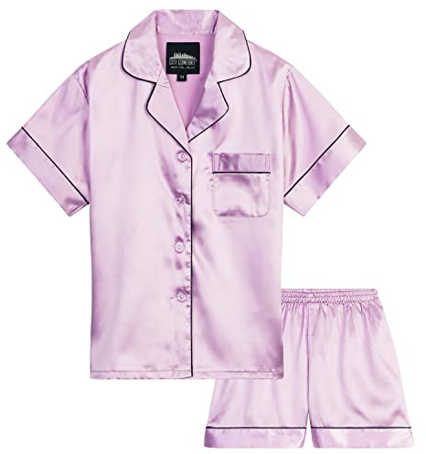 CityComfort Ensembles de Pyjama Fille et Ado Ensembles de Nuit d'Été Boutons Short Pyjama Satin Loungewear Set Vêtement de Nuit à Manche Courte (9-10 Ans, Lilas)