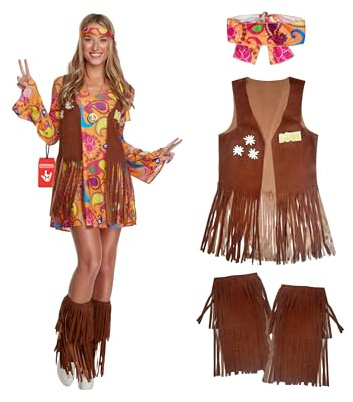 Morph Deguisement Hippie Femme, Costume Annees 70 Halloween Femme | Robe, Gilet, Foulard & Couvre-Bottes, Look Années 70, À Enfiler, Parfait pour Halloween, Idéal pour se Déguiser