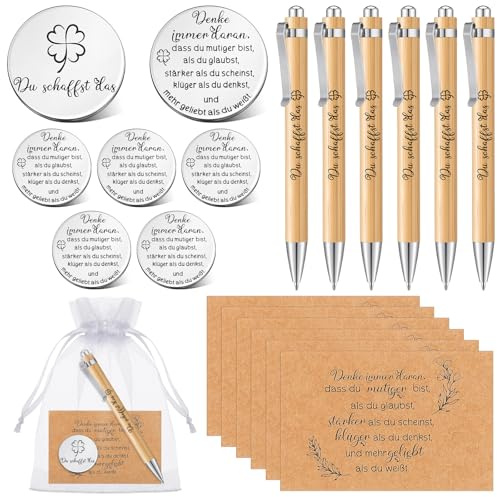 Tenare 6 Set de Regalos de Ánimo de Buena Suerte Amuleto de Suerte con Bolso Bolígrafo Inspirador Tarjeta de Agradecimiento con Bolsa de Organza de Regalo Inspirador para Escuela Colega