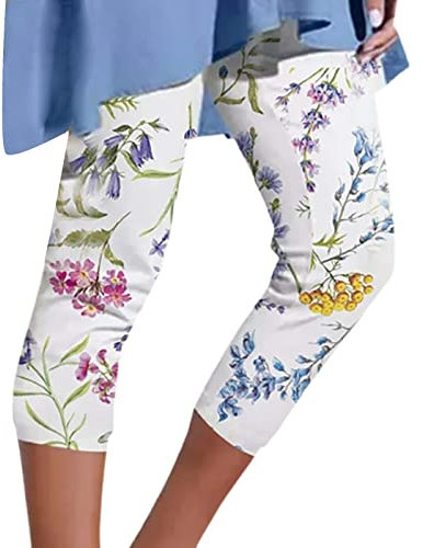Generisch 3/4 Sporthose Damen High Waist Leggings Capri Blickdicht Yogahosen Bunte Blumen Jogginghose mit Taschen Laufhose Outdoor Freizeithose Damen Capri Yoga Leggings， Weiß， XL