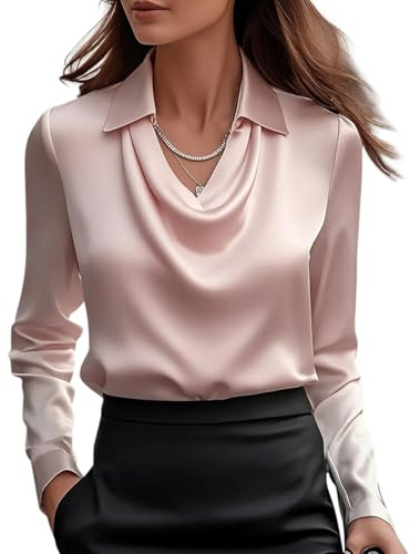 Onsoyours Chemisier Femme Satin à Col en V Manches Longues Chemise Chic et Élégante Casual Soie Shirts Tops A Rose M