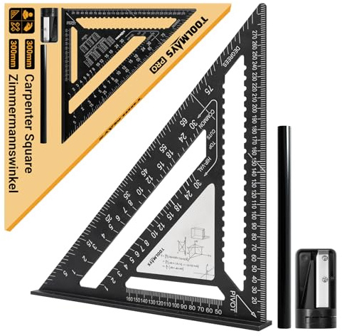 300 mm Equerre Menuisier, Équerre Charpentier Multifonction Avec Surface Innovante EffaçAble, Crayon De Menuisier, Taille-Crayon, Aluminium Equerre De Menuisier Pour Charpentiers, IngéNieurs