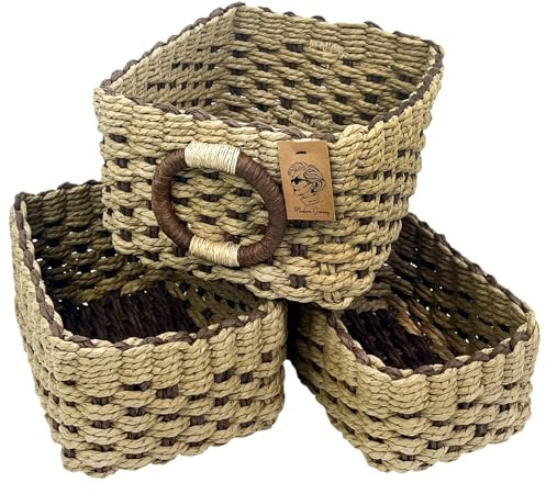 Modern Granny 2 Toned Recycled Paper Rope Storage Baskets Set of 3 Boho Small Organizer Bins for Home Shelves