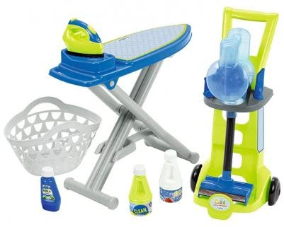 cavernedesjouets Set Menage Enfant 3 en 1 : Chariot avec aspirateur Balai, Table + Fer a Repasser, Panier a Linge - Jouet 12-36 Mois et 1 Carte