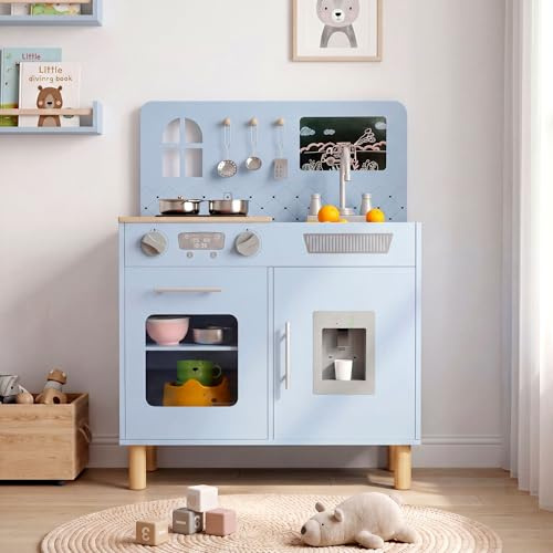 MAMIZO Wooden Play Kitchen for Kids, Toy Kitchen with Realistic Light & Sound, Interactive Kids Kitchen with 5 Pcs Cookware, Oven, Water Dispenser, Storage Cabinets & Chalkboard for Ages 3+ (Blue)