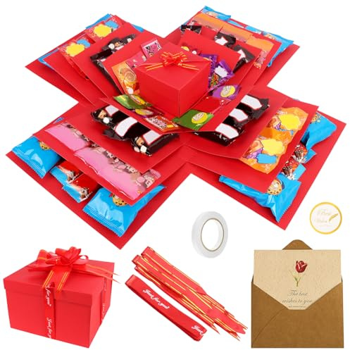 5 Layer Explosion Gift Box, Empty DIY Scrapbooking Surprise Box with Ribbon & Tape, Assembly Required, for Valentine's Day, Birthdays, Anniversaries