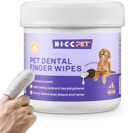 HICC PET Dental Finger Wipes for Dogs & Cats, Toothbrush-Free Plaque & Tartar Remover Pet Teeth Cleaning Finger Wipes, Freshens Breath, Soothes Gums with Coconut Oil, Alcohol-Free, Unscented