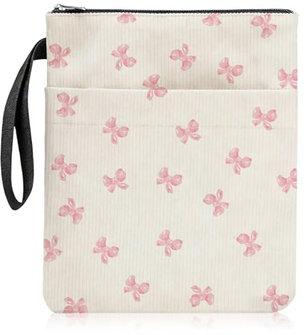 Housse de livre avec motif nœud rose, housse de livre avec fermeture éclair et cordon de transport extérieur, pochette en velours côtelé doux pour livre de poche rigide, cadeau idéal pour les lecteurs