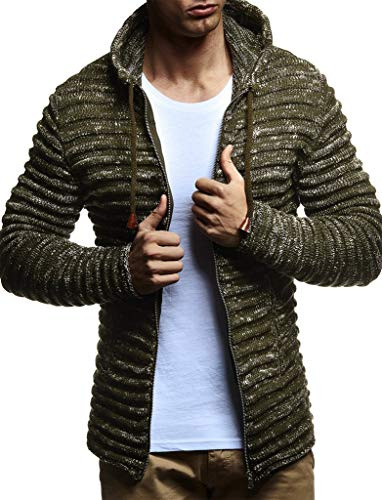 Leif Nelson Men Cardigan Jacket Hood LN-20724 Khaki Medium
