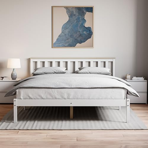 Vida Designs Milan King Bed Frame | White & Pine | Low Foot | Solid Pine Wood | 82 H x 159.5 W x 204.2 D cm | Reinforced Slats | Underbed Storage | Multi Support Base | Bedroom Furniture