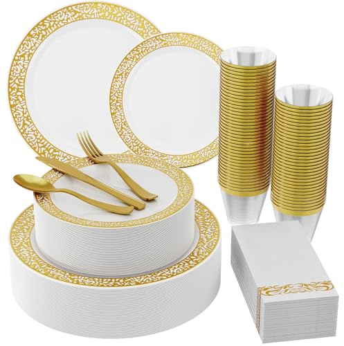210 Count Gold Plastic Dinnerware, Gold Disposable Plates, Includes: 30 Dinner & 30 Dessert Plates & 30 Cups & 30 Paper Napkins & 30 Plastic Silverware Set -for Thanksgiving, Christmas, Parties