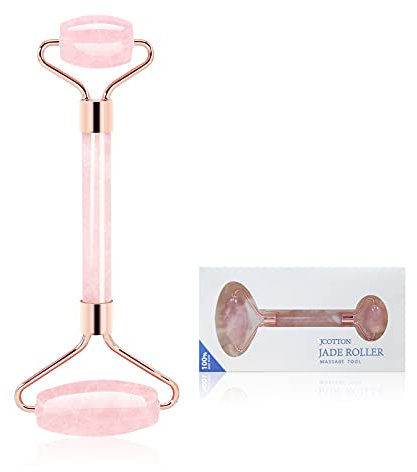 JCOTTON Rosenquarz Roller für Gesichtsmassage - Entspannender Jade Roller aus Natürlicher AAA Rosenquarz für Faltenreduzierung