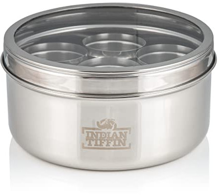 Indian-Tiffin Masala Dabba Récipient à épices hermétique - avec étiquettes et cuillère à épices (Moyen (18cm), couvercle transparent, pas de couvercle à l'intérieur des pots)