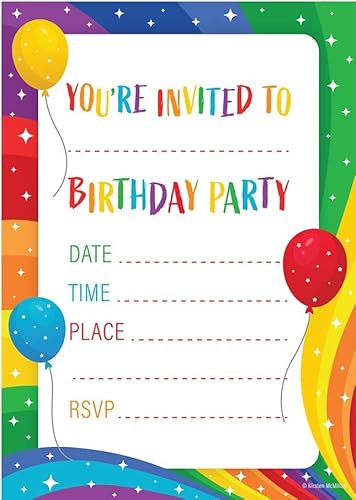 Kirsten McMillan 32 Rainbow Birthday Party Invitations for Kids with Envelopes - Pack of 32 Rainbow Party Invites for Girls & Boys - Designed and Printed in the UK