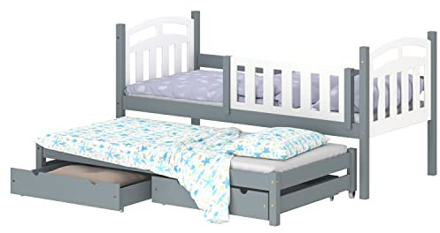 WNM Group Kinderbett Ausziehbar mit Rausfallschutz und Lattenrost Suzie - aus Massivholz - Ausziehbett für Mädchen und Jungen - Bett mit 2 Schubladen - Funktionsbett 200x90/190x90 cm - Grau