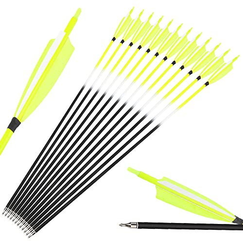 SHARROW Bogenschießen Carbonpfeile 30 Zoll Jagdpfeile Bogenpfeile Pfeile für Bogen Spine 500 mit Truthahnfedern für Außenaufnahmen (12 Stück, Fluoreszierendes Gelb)
