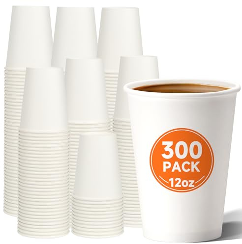 METAPRINT 12 oz Disposable Paper Coffee Cups [300 Pack], White Hot Coffee Cups 12 oz, Thickened Design for Cafes, Bistros, Parties, and Events