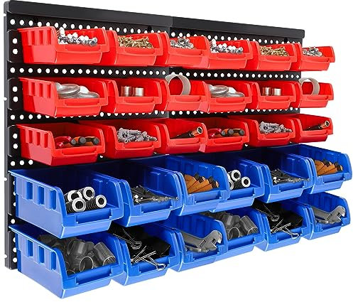 Holdfiturn 32Pcs Wall Mounted Storage Bins Backboard DIY Stackable Workshop Storage for Tools Hardwares Crafts 64 x 41cm Plastic Bin Panel Rack with Screws for Tool Shed Garage Workshop