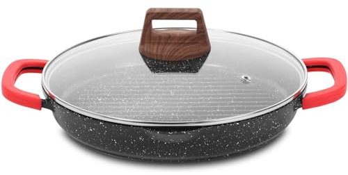 ESLITE LIFE Nonstick Grill Pan with Lid & Tongs for Stove Tops, 11 Inch Versatile Round Big Grilling Steak Pan with Pour Spouts for Indoor & Outdoor Cooking, PTFE & PFOA Free, Black