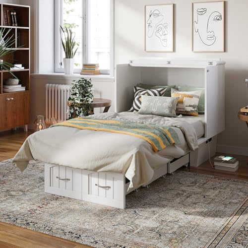 AFI, Sydney Twin Wood Murphy Bed Chest with 6 Mattress, Storage Drawer & Built-in USB Charger, White