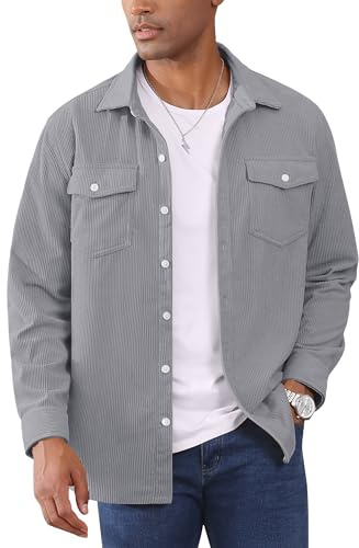 EKLENTSON Corduroy Jacket Men Western Shirts Long Sleeve Button Down Trucker Jacket Casual Cord Shirt Jacket Light Grey L
