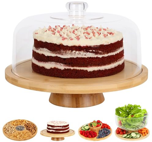 JOEY'Z 6 in 1 Large Bamboo Wood Cake Stand with Lid - Multiuse Wooden Cake Stand with Dome Acrylic Cake Cover/Cake Dome - Cake Holder With Lid - Bamboo Base Punch Bowl - Cake Stands