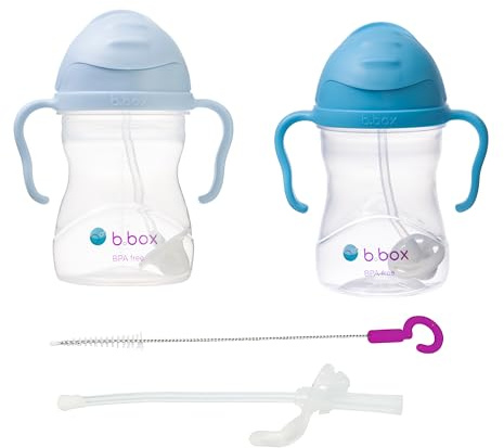 b.box Tasse à paille | Lot de 2 avec paille de rechange et brosse | Bébé 6m+ | Sans BPA | Anti-fuite | Compatible lave-vaisselle | 240ml | Lot de 2 | Bleu clair/Bleu foncé