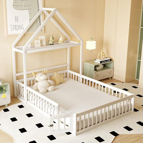 Cuna de 140 x 200 cm, estructura de madera maciza con espacio de almacenamiento, rejilla de protección completa y puertas y somier (blanco)