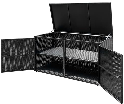 HOMASIS Baule da Esterno in PE Rattan, Cassapanca Contenitore a 2 Livelli, Panca Contenitore da Esterno Multiuso, 115 x 60 x 65 cm (Nero)
