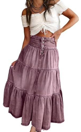 SUIUOI Denim A-linje kjol, jeanskjol med tylllager, lång jeanskjol i tyllstil, violett, S