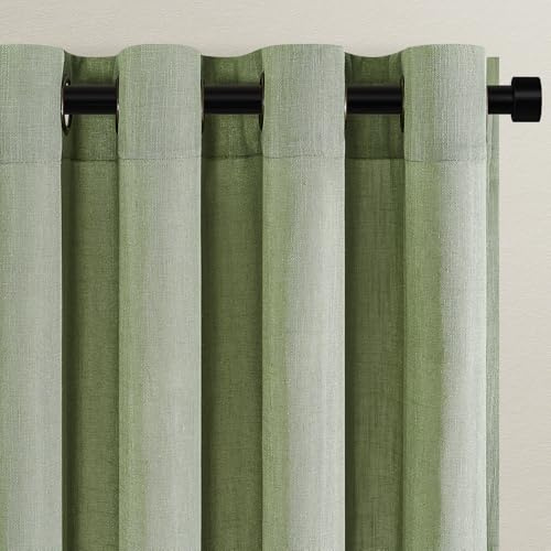 Topfinel Linnegardiner vardagsrumsgardiner halvtransparent voile-gardiner med öljetter ljusgardin salviagrön 140 x 220 cm öglegardin, set om 2