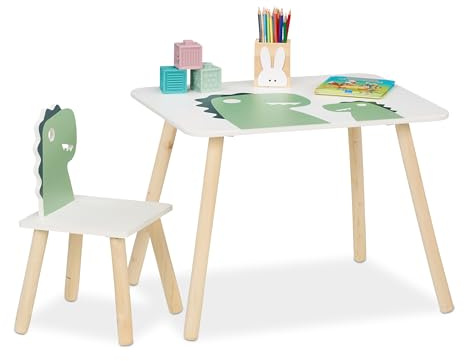 Relaxdays Kids' Table & Chair Set, Dinosaur Design, Furniture for Children, Playroom & Nursery Seating, White/Green