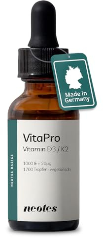 neotes Vitamin D3/K2 MK-7 Öl – Hochdosiert 1.000 IE D3 + 20µg K2 MK-7 pro Tropfen - 1700 Tropfen / 50ml – Premium MCT Kokosöl – Für Knochen, Immunsystem & Zellen - Vegetarisch