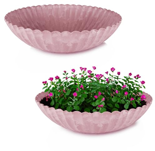 matches21 HOME & HOBBY Macetas onduladas para exteriores en 28 x 8 cm de color rosa envejecido jaspeado como cuencos para flores resistentes a la intemperie