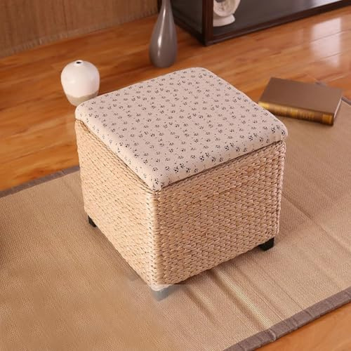 TY&WJ Taburete De Almacenamiento De Mimbre para Exteriores,con Tapa Reversible Baúl De Almacenaje De Almacenamiento Taburete Reposapiés para Pies De Cama Salón,A,30x30x30cm(12x12x12inch)