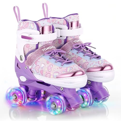 TOMSHOO Pattini a rotelle per ragazze, pattini in linea per bambini, ragazze, con luci a LED luminose, pattini in linea per bambini, misura regolabile, per principianti, bambini, regalo