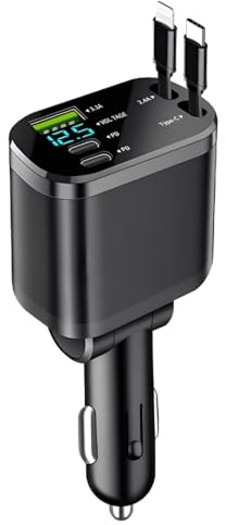 NHQZ 5-IN-1 Caricatore Auto USB C, Carica Rapida, [Display di Tensione] Pieghevole Accendisigari Auto con Cavi Retrattili & Porta USB-C/A, per iPhone/Samsung