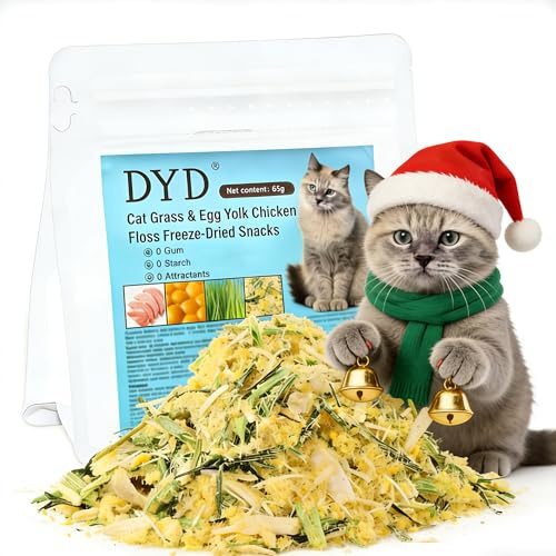 DYD Katsnacks frystorkad, kattgräs kyckling med äggula – 65 g, ≥45 % protein, minskar hårbollar, hälsosamma godsaker för katter och hundar