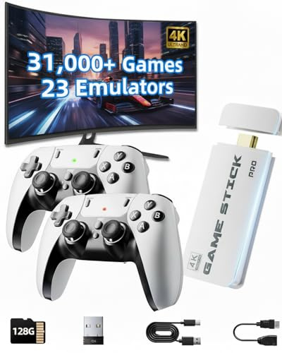 Retro Games Console, XYELLOWICON 2026 Retro Game Stick, 4K HDMI with 31,000+ Built-in Classic Games, 2 Wireless Controllers, 23 Emulators & 128GB Memory